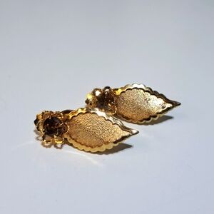 Vintage Retro Gold Leaf Clip-on Earrings Floral Rhinestone Fall Autumn Statement